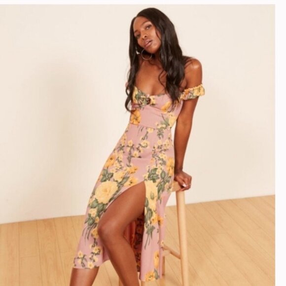 Reformation Cordelia Floral Print Dress Midi Length Slit Off-Shoulder Size 0 - Picture 2 of 12